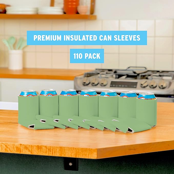 Blank Beer Can Cooler Sleeves (110-Pack) Soft Insulated Beer Can Coolies - HTV Friendly Blank Koolies in Bulk for Beer Cans & Bottles - Coolie Blanks for Vinyl Projects & Wedding Favors (Sage)