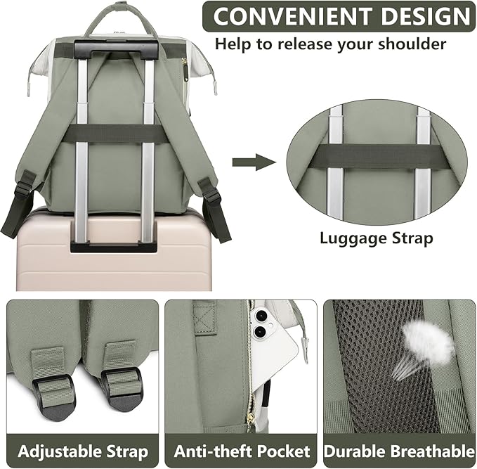 Laptop Backpack Women Work Bag: 15.6 inch Work Bookbag with USB Charging Port Large Travel Backpack Purse for College Nurse Casual Daypack for Teacher Professional Computer Backpack Beige Light Green
