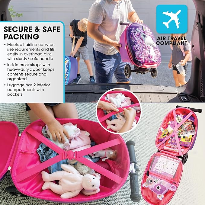 KIDDIETOTES Ride-On Scooter Suitcase for Kids – Hardside Lightweight Carry-On Luggage with Foldable Scooter, LED Wheels, Travel Fun for Toddlers & Children