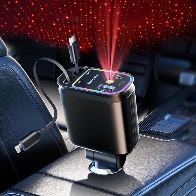 Retractable Car Charger with Starlight, 66W Starlight in Car roof 4 in 1 Retractable Car Phone Charger Adapter, Fast Charging USB C Cable, Compatible with iPhone 17/16/15/14/13/12