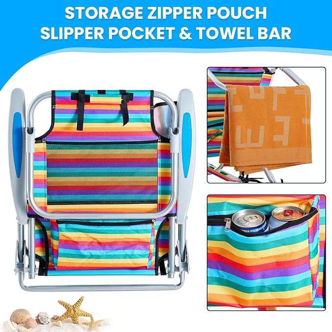 2 Pack Lightweight Portable Camping Beach Chair for Adult, Outdoor Lay Flat Folding Beach Chairs with 5 Position, Backpack Beach Chair with Towel Bar, Zipper Pouch, Cup Holder, Rainbow Striped