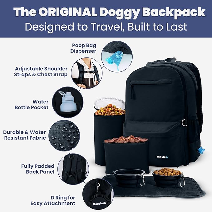 Dog Travel Bag for Supplies - Complete Dog Diaper Bag Backpack with 2 BPA-Free Travel Bowls, Treat Pouch, Food Container, Placemat & Laptop Sleeve – for Traveling, Road Trips, Hiking: Black