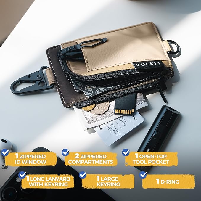 VULKIT Water-Resistant Keychain Wallet with Lanyard for Men and Women, Outdoor Zipper Pouch Wallet with Clear ID Window, for Hiking, Fishing, Skateboard and any Outdoor Activities, Sierra Sand