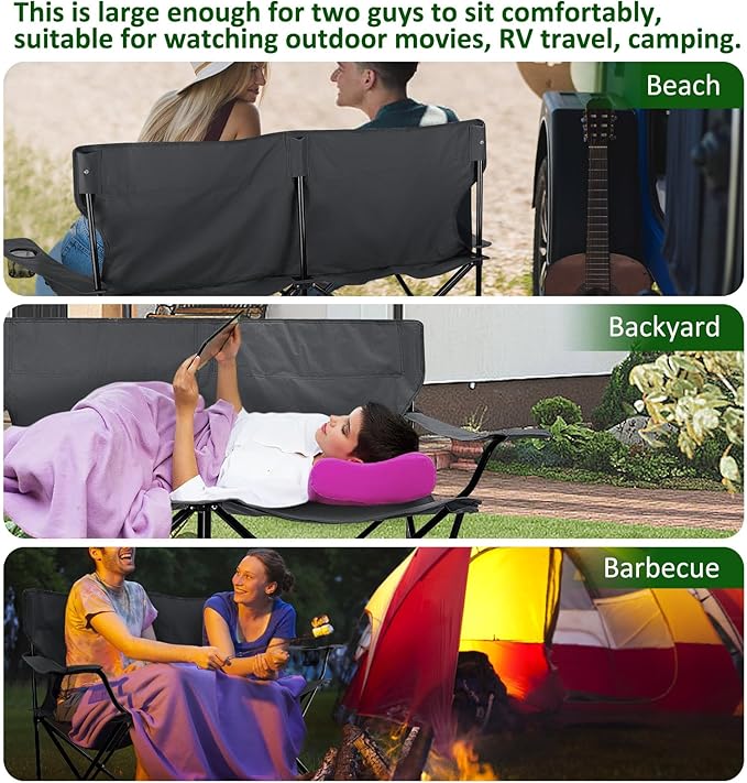 Leonyo Oversized 2 Person Camping Chair, Double Camping Loveseat Chair for Adults, Foldable & Comfortable Double Seat for Lawn, Backyard, Beach, Sports, Movie, Grey