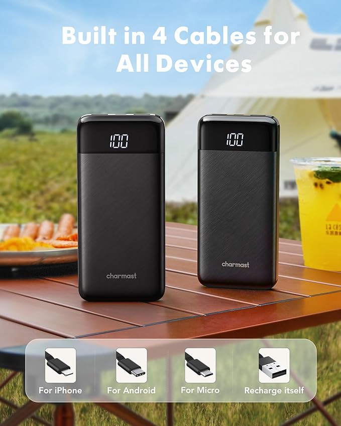charmast Portable Charger with Built in Cables, Power Bank with Cords Wires, Slim 10000mAh Travel Battery Pack 6 Outputs 3 Inputs 3A Fast Charging for Samsung Google Pixel LG Moto iPhone iPad