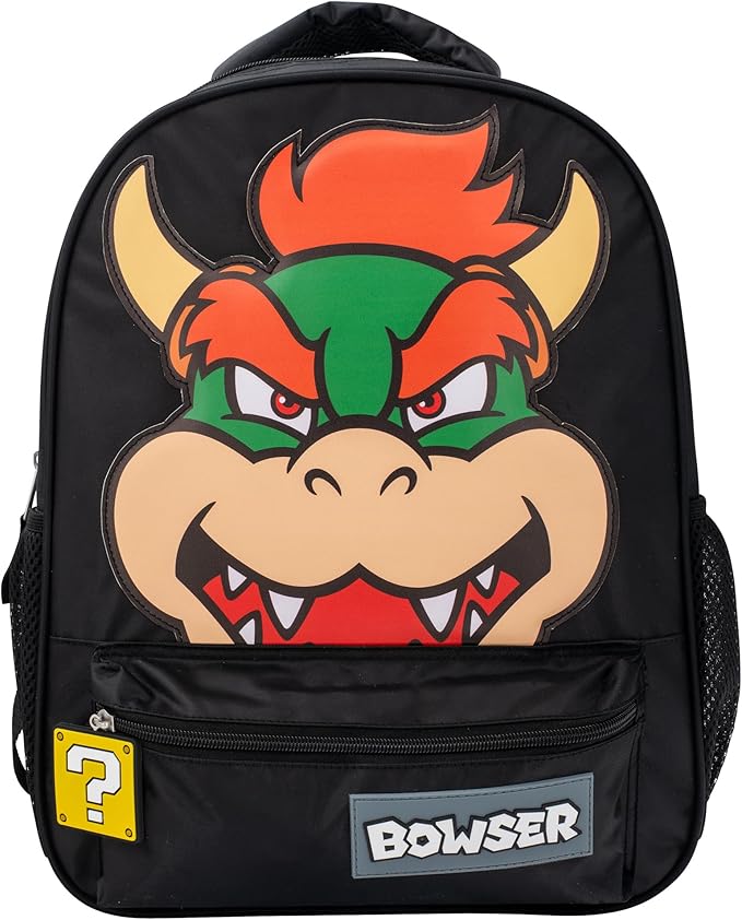 AI ACCESSORY INNOVATIONS Super Mario Bowser Backpack for Boys & Girls, 16 Inch Nylon Twill Big Face Schoolbag, Black