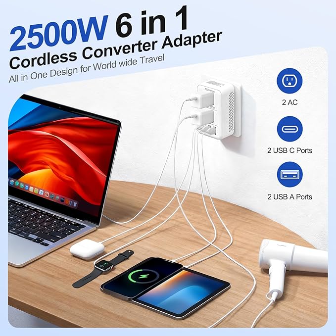 Voltage Converter US to Europe, 220V to 110V Step Down Converter for Travel, 2500W Power Converter Adapter Combo with USB-A USB-C and UK/AU/US/IT/EU Travel Plug Adapters, Hair Dryer Compatible