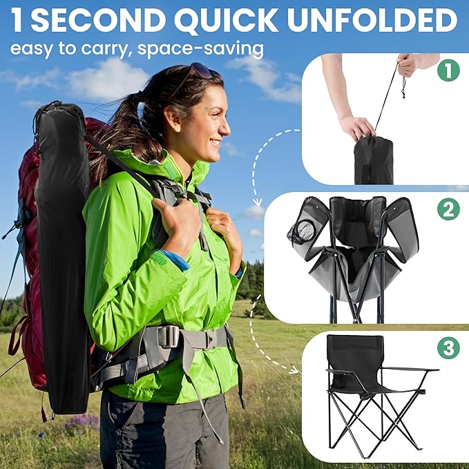 4 Pack Folding Camping Chairs for Adults,Foldable Portable Lawn Chairs with Carry Bag & Cup Holder, Compact Design for Camp,Beach, Picnics,and Fishing Supports 300LBS（Black）
