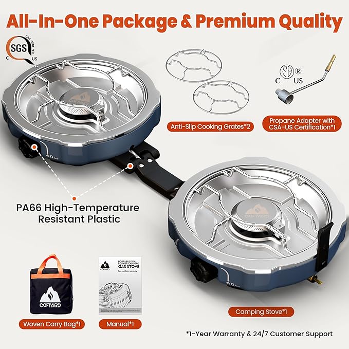 Cofiyard 20,000 BTUs 2 Burner Propane Camping Stove, Portable Folding Camp Stove with Adjustable Burners, Built-in Ignition and Carrying Bag, Dual Gas Stoves for Tailgating, Camping, BBQ Overland Grey