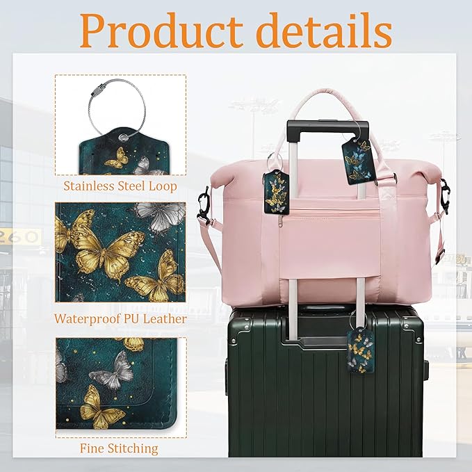 Shining Butterfly 3 Pack Luggage Tag for Suitcase, Unique Leather Travel Tags Identifiers with Privacy Name Address Labels & Durable Steel Loop for Women Men Travel