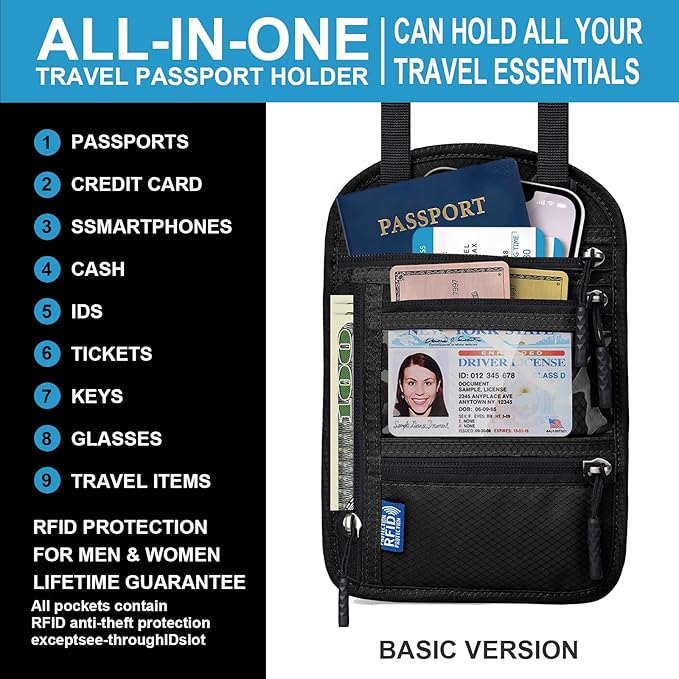 Neck Wallet with RFID Blocking - Hidden Travel Passport Holder Pouch | Concealed Under Clothing, Anti-Theft Security | Adjustable & Lightweight for Vacation, Airports