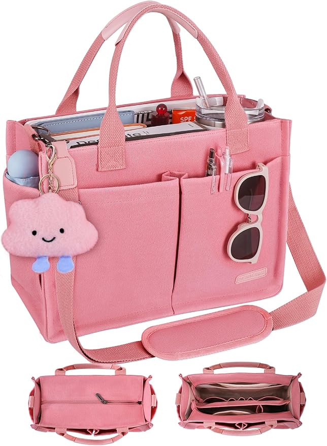 BESBESME Canvas Tote Bag for Women with Zipper & Compartments– Large Work & College Laptop Tote Crossbody Shoulder Bag