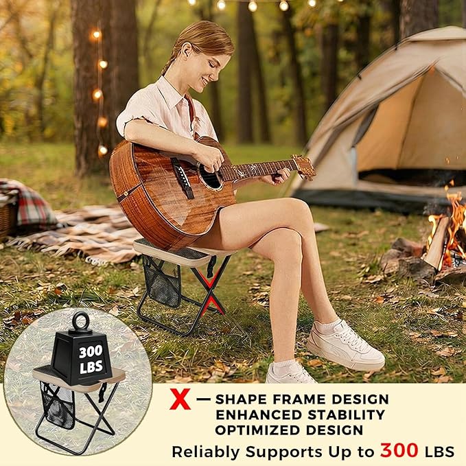 16" Portable Collapsible Stool - Folding Chair with Storage Pouch, Convertible Satchel for Hands-Free Carry & Supports 300Lbs, Ultralight for Hiking, Fishing, Camping, Festivals (Khaki, Large)