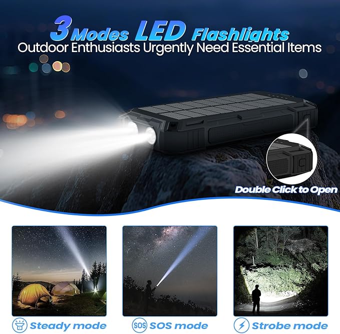 Solar Power Bank 49800mAh - Wireless Portable Charger 15W Fast Charging with 4 Built-in Cables. Equipped with a Powerful Flashlight, IP65 Outdoor Waterproof Power Bank Perfect for Camping, Hiking