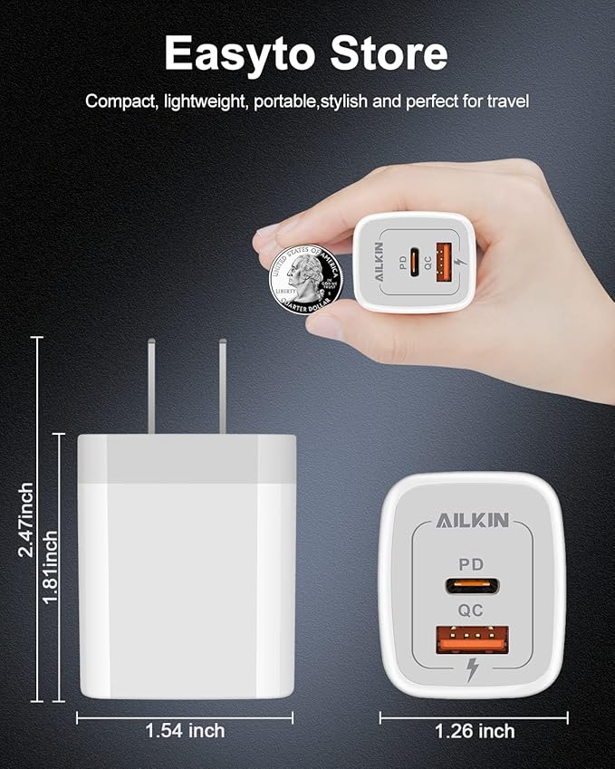 3Pack Dual Port USB-C Wall Plug-in USBC Charger, AILKIN 20W Power Delivery + QC3.0 USB A Double Port Fast Charging Block for iPhone 17 15 14 13 12 Pro Max 14 Pro Mini 16Pro Max 16 Plus 16E X XS Cube