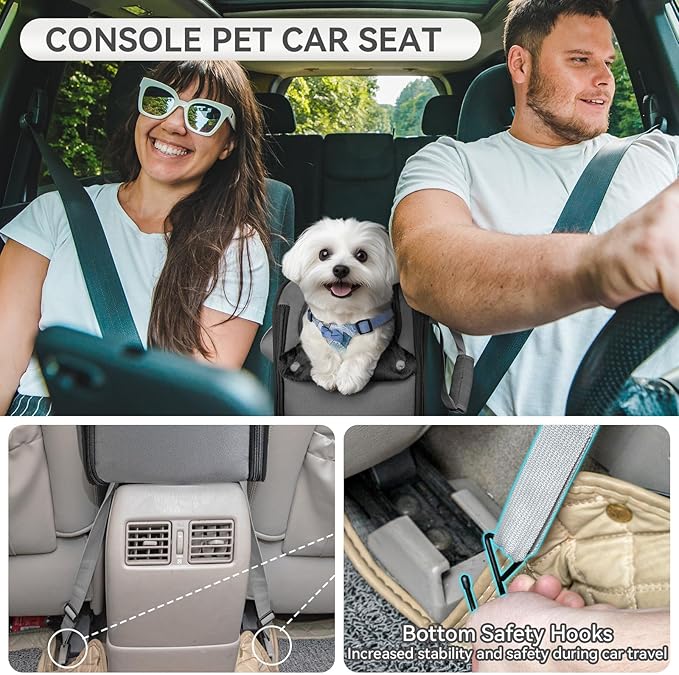PETSFIT Multipurpose Center Console Dog Car Seat, Airline Approved Dog Car Carrier with Safety Tether and Pockets, Portable Cat Car Seat, Dog Car Seats for Small Dogs, Cats Up to 9 LBS (Deep Grey)