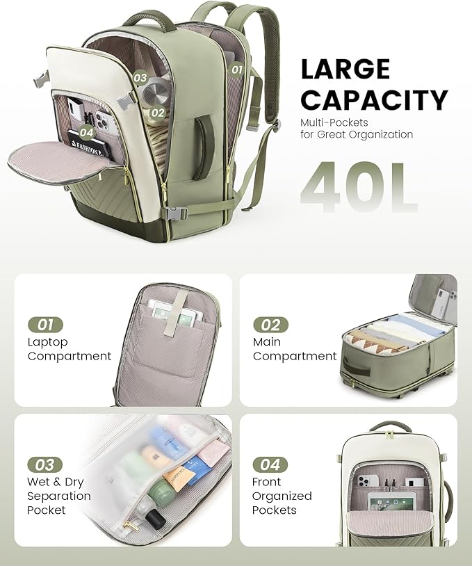 LOVEVOOK Large Travel Backpack for Women, TSA Carry on Backpack for Airplanes, 40L Personal Item Travel Bag for Women fits 17" Laptop,Waterproof Carry on Bag Airplane Approved with 3 Packing Cubes