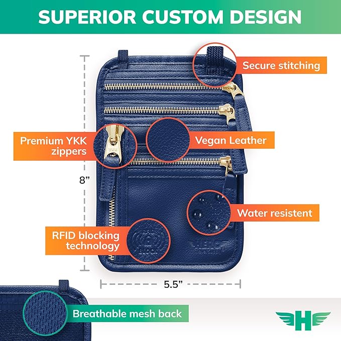 HERO Neck Wallet, RFID Blocking Vegan Leather Passport Holder Travel Pouch (Navy Blue)