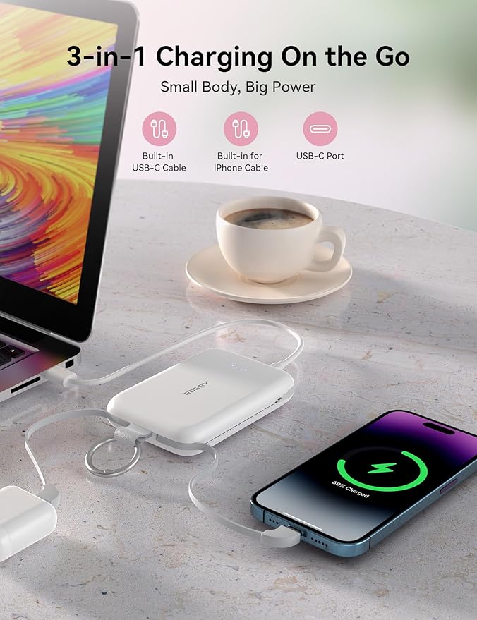 RORRY CharmGo Portable Charger, 10000mAh PD 30W Fast Charging Portable Charger Power Bank with Built-in Cables, Travel Keychain Charger Battery Pack for iPhone 17/16/15, for AirPods 2/3/4/Pro, Blue