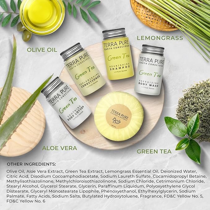 Terra Pure Hotel Soaps and Toiletries Bulk Set | 1-Shoppe All-In-Kit Amenities for Hotels | 1oz Hotel Shampoo & Conditioner, Body Wash, Body Lotion & 1.25oz Bar Soap Travel Size Toiletries | 75 Pieces