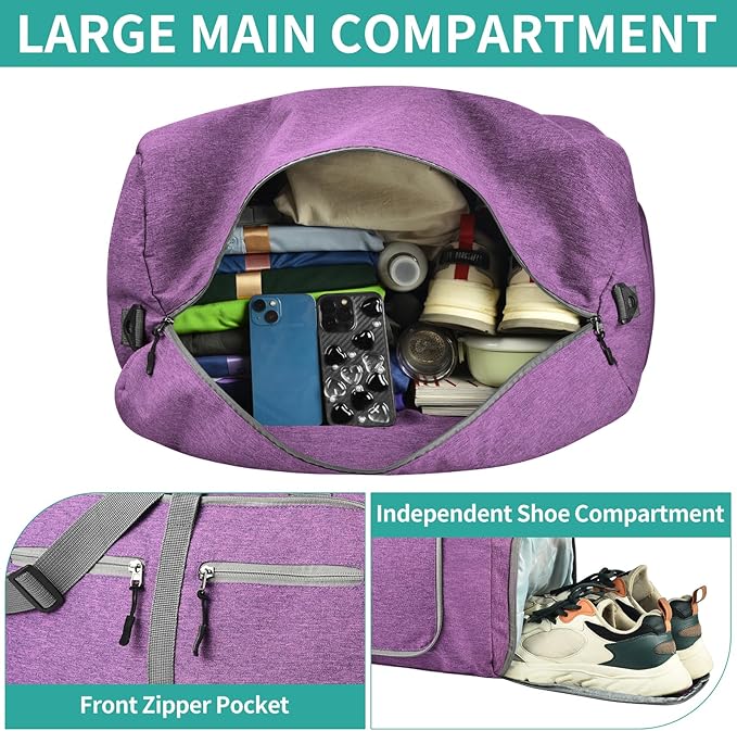Dimayar 85L Travel Duffle Bag for Men Women - Foldable Duffel Bag with Shoes Compartment - Overnight Bags Waterproof & Tear Resistant(Purple)