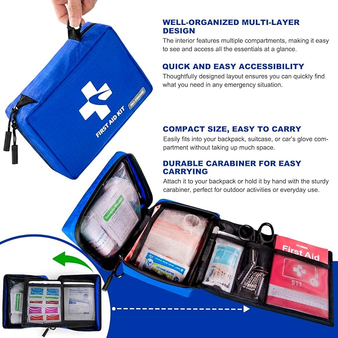 300 Piece First Aid Kit, Compact Waterproof First Aid Bag with 9 Organized Compartments, Portable Emergency Supplies Kit for Outdoor, Camping, Hiking, Car, Home, Travel, Office