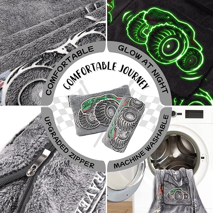 Truck Travel Blanket Pillow, Travel Blanket Airplane Compact with Bag, Pillow Blanket for Kids, Airplane Blanket for Long Flights, Plane & Car Travel Essentials, Glow in The Dark, Camping Outdoor