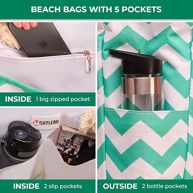 Beach Bag and Pool Bag Has Cooler Pocket, 7 Pockets Total, Zip Top. Family Size Waterproof Beach Tote