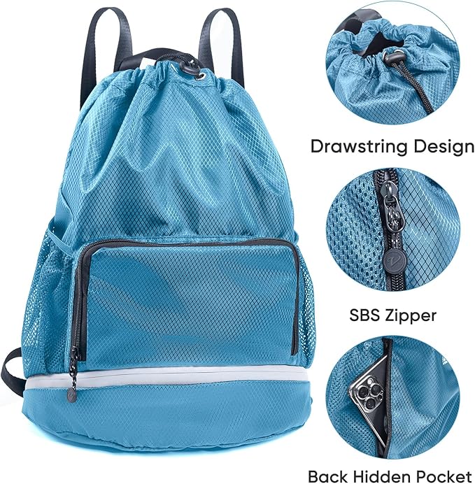 Swim Beach Sports Drawstring Backpack - Gym Bag with Shoes Compartment and Waterproof Pocket for Gym Accessories, Swim Essentials - Kids Mens Beach Workout Bag