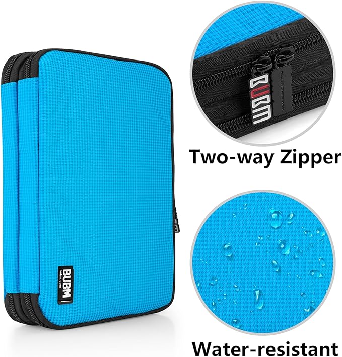 BUBM Double Layer Electronic Accessories Organizer, Travel Gear Bag for Cables, USB Flash Drive, Plug and More, Perfect Size Fits for iPad Mini (Medium, Blue)