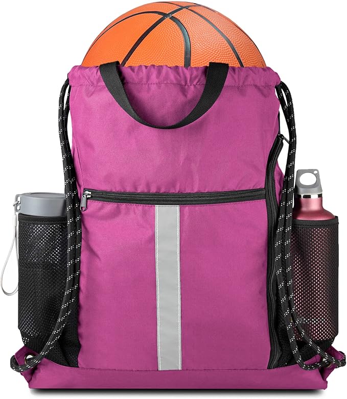 BeeGreen Pink String Backpack Large Drawstring Bag Cinch Sack w Shoe Compartment & Two Side Mesh Pockets Lightweight Sturdy Drawstring Gym Sackpack for Unisex