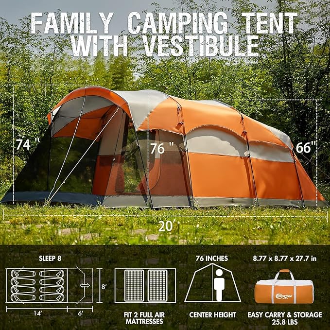 PORTAL 6/8/10 Person Family Camping Tent with Screen Room, Water Resistant Big Tunnel Tents with Rainfly, Large Family Tent for Camping, Outdoor, Patio