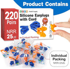 AZEN 220 Pairs Silicone Ear Plugs, Reusable Earplugs for Noise Reduction, 25dB NRR Corded Ear Plug for Sleeping Noise Cancelling, Ear Plug with String Individual Packing
