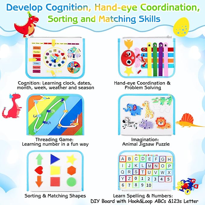 Esjay Toddler Busy Board Montessori Toys for Boys Girls, Sensory Book Educational Activities for Learning Fine Motor Skills, Birthday Gifts for Toddlers, Travel Toys for Airplane Car, White Dinosaur