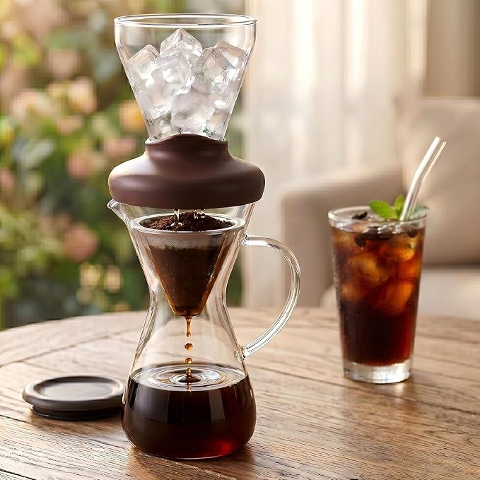 Blue Horizon Hot & Iced Coffee Maker 14oz – Pour Over Coffee Dripper with Temperature Resistant Glass Carafe & Stainless Steel Reusable Filter, Single Serve Cold Coffee & Hot Tea Brewer