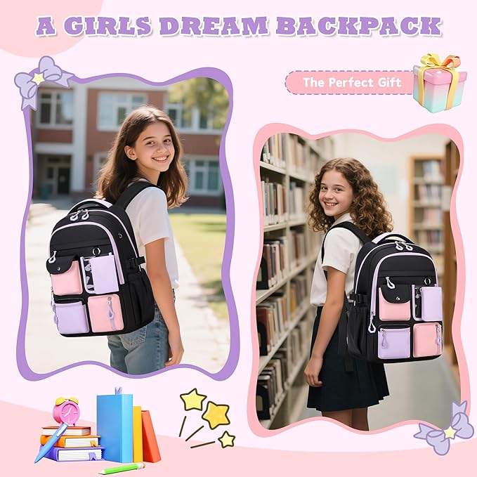 Kids Backpack, Backpack for Girls for Elementary School Multiple Pockets Ages 6-10(Black)