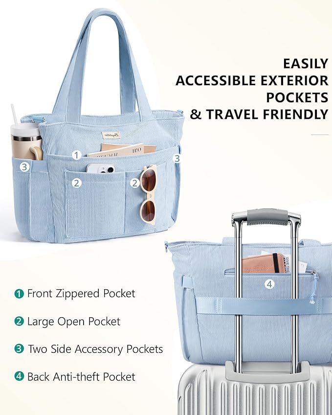 Bagstellar Corduroy Tote Bag for Women, 17 Pockets Laptop Work Tote Bag Lightweight Teacher Nurse Bible Bag for School Travel | with 40oz Cup Holder, Multi Compartment, Zipper Crossbody Bag, College Shoulder Bag, Daily Purse w/ Strap, Ideal Gift for Women