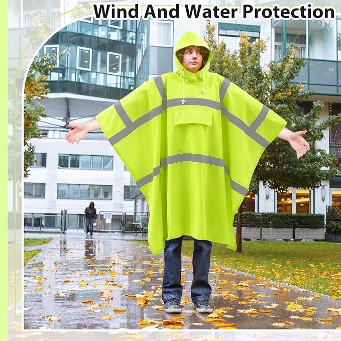 Coume High Visibility Rain Poncho with Large Pocket 50×80 Inch Reflective Rain Coat Safety Jacket Unisex for Outdoor Worker
