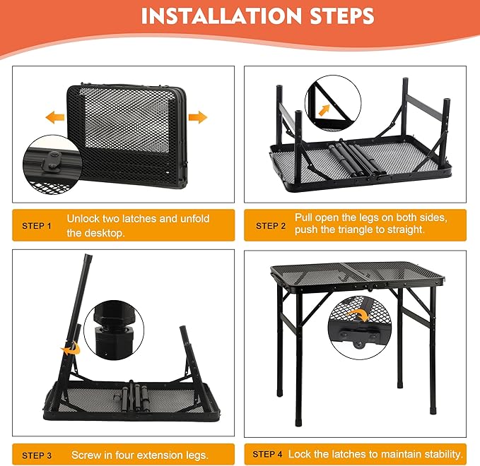 GREGIN Camping Table with Mesh Desktop, Lightweight & Portable Folding Grill Table, Height Adjustable Metal Outdoor Table for Camp, Cooking, BBQ, RV, Picnic-3 FT Black