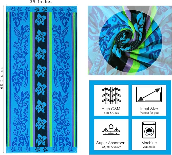 COTTON CRAFT Oversized Beach Towel - 2 Pack XL 39 x 68 inches Big & Huge Beach Blanket Towel - 100% Cotton Jacquard Velour - Super Soft Luxury - Pool Picnic Bath - Tropical Hibiscus Aqua Blue Purple