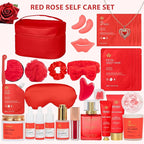 33 Pcs Mother's Day Gifts, Red Rose Bath & Body Gift Set for Women, Home Spa Kit, Hydrating Skin Care Set, Self Care Gift Basket, Cosmetic Bag, Necklace, Valentines, Birthday, Anniversary