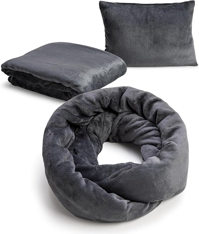 NAPRO 3‑in‑1 Travel Blanket Pillow Scarf – Convertible 50×80″ Blanket, 12×16″ Pillow, 80″ Infinity Neck Pillow – Lightweight, Plush – Gray
