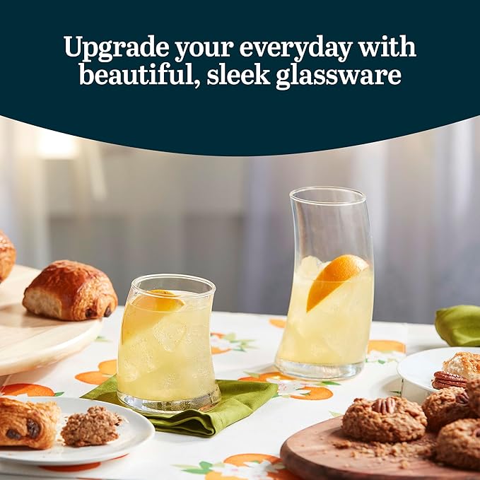 Libbey Swerve Drinking Glasses Set of 16, Chip-Resistant Tumbler and Rocks Glass Cups Set, Fun, Edgy Everyday Drinking Glasses for Special Events