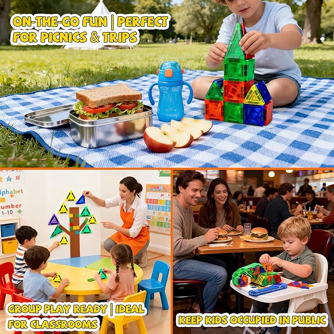 Mini Magnetic Tiles,42PCS Magnetic Building Blocks with Metal Storage Box,STEM Toys for Kids Ages 3+,Sensory Toys for Kids with Autism