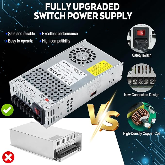 VAYALT 24V 25A 600W DC Switching Power Supply, Universal Regulated Switching AC 110V/220V to DC 24V Transformer, 24V Power Supply for Industrial, CCTV,Computer Project, LED Strip Light (No power Cord)