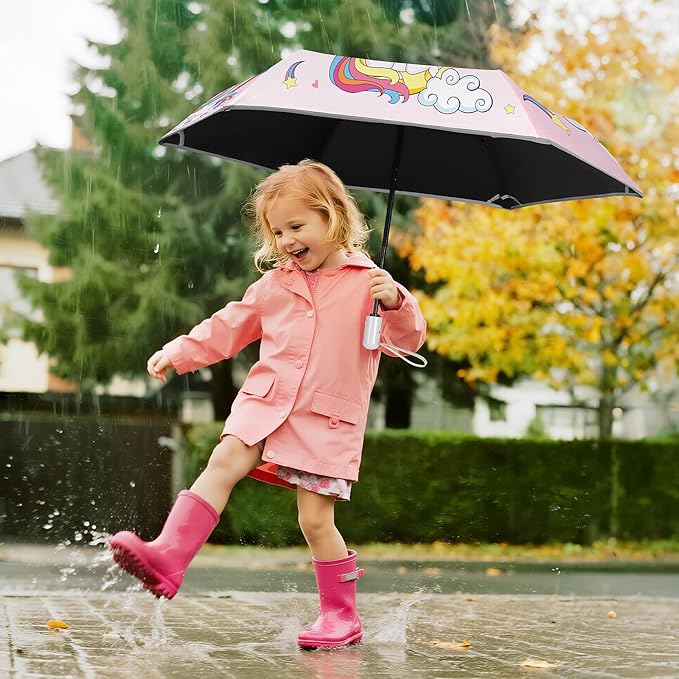 Kids Folding Umbrella Auto Open/Close Umbrellas for Rain Round Corner Safe Design UV Resistant Automatic Children Travel Umbrellas Reinforced Canopy 360° Reflective Strip Lightweight for Girls & Boys