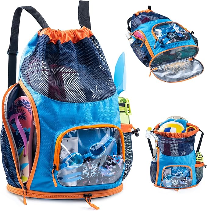 Mesh Drawstring Backpack with Shoe Compartment, Sandproof Beach Swim Bag with Wet Pocket, Pool Gym Shower Bag for Travel Summer Camp