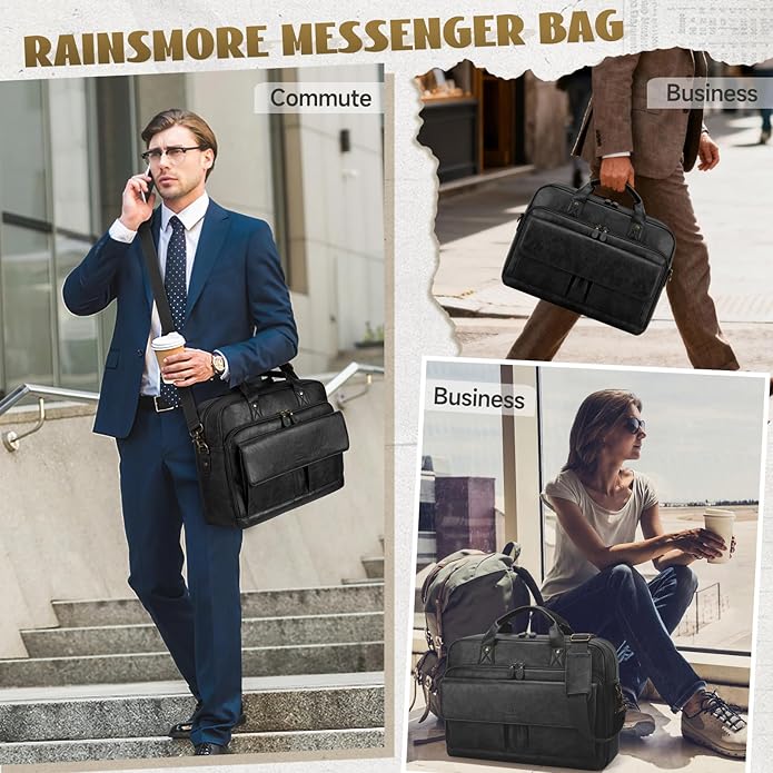 RAINSMORE Mens Laptop Bag PU Leather Messenger Bag 15.6 Inch Briefcase Vintage Computer Satchel Bag for Work Business