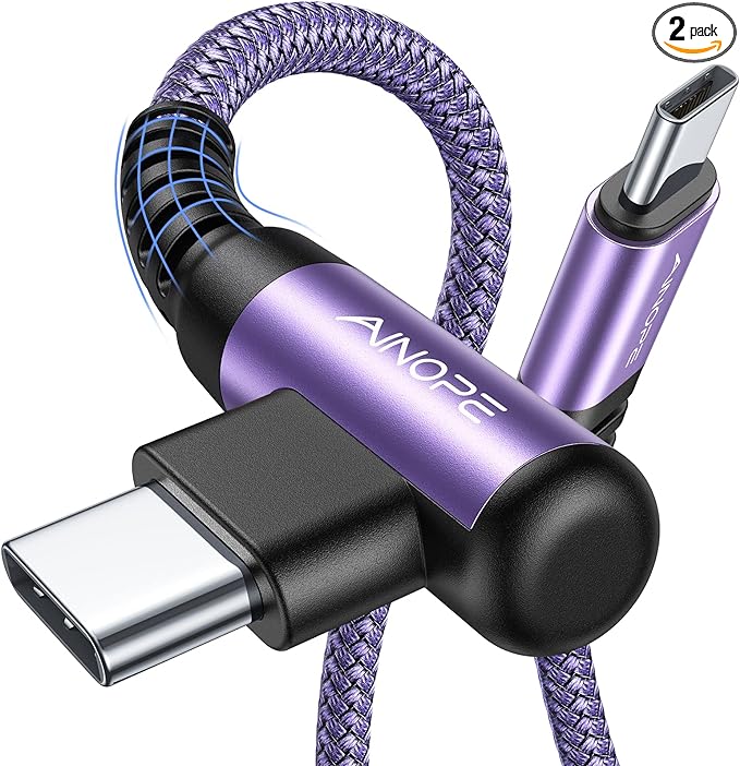 AINOPE USB C Cable 60W 2-Pack 3.3ft Nylon Braided USB C to USB C Cable Type C Charger Fast Charging Right Angle USBC Cable Charger Cord for iPhone 16 Pro Max 15 Plus Samsung S24 S23 iPad Pro Purple