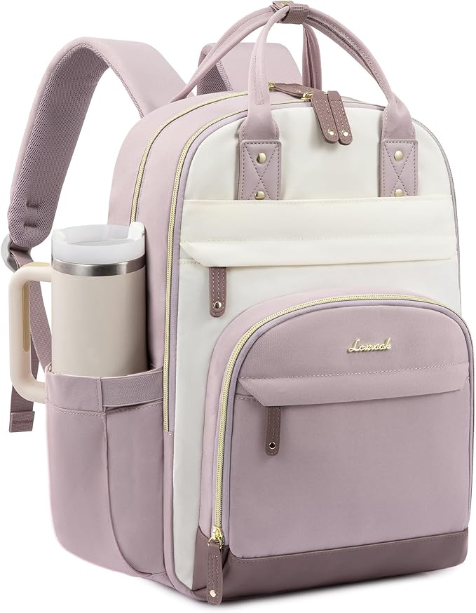 LOVEVOOK Laptop Backpack Women with Tumbler Holder,15.6 inch Work Travel Backpack Computer Laptop Bag,Cute College Nurse Teacher Backpack Purse,Gifts for Women & Men,Light purple-Beige-Pinkish purple